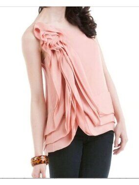 BCBGMaxAzria Blush Pink One Shoulder 100% Silk Ruffle Blouse Top Size Small